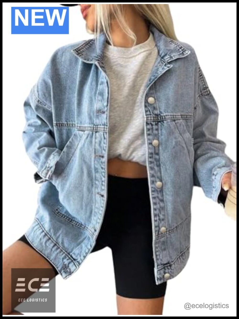Women's Distressed Trucker Denim Jacket Loose Fit Button Up